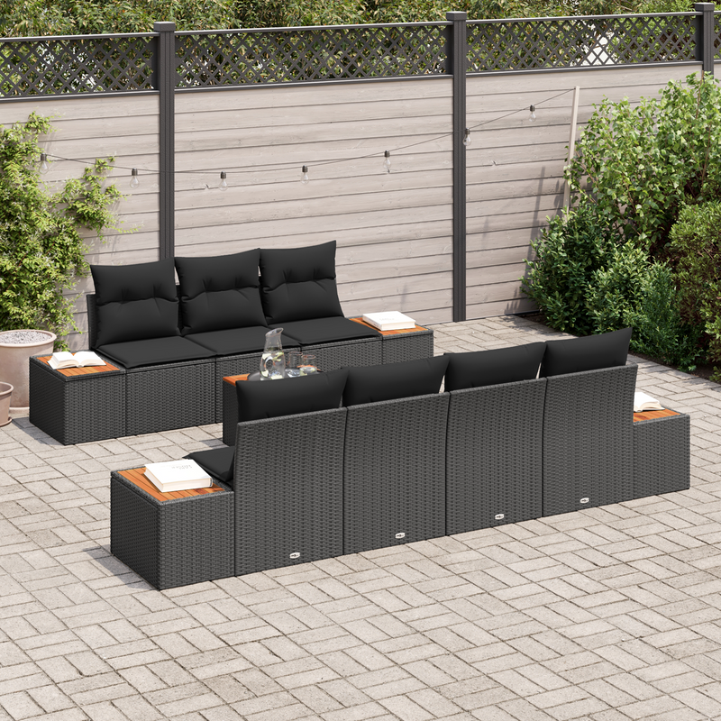 8-Piece Garden Sofa Set with Cushions Black Poly Rattan Acacia