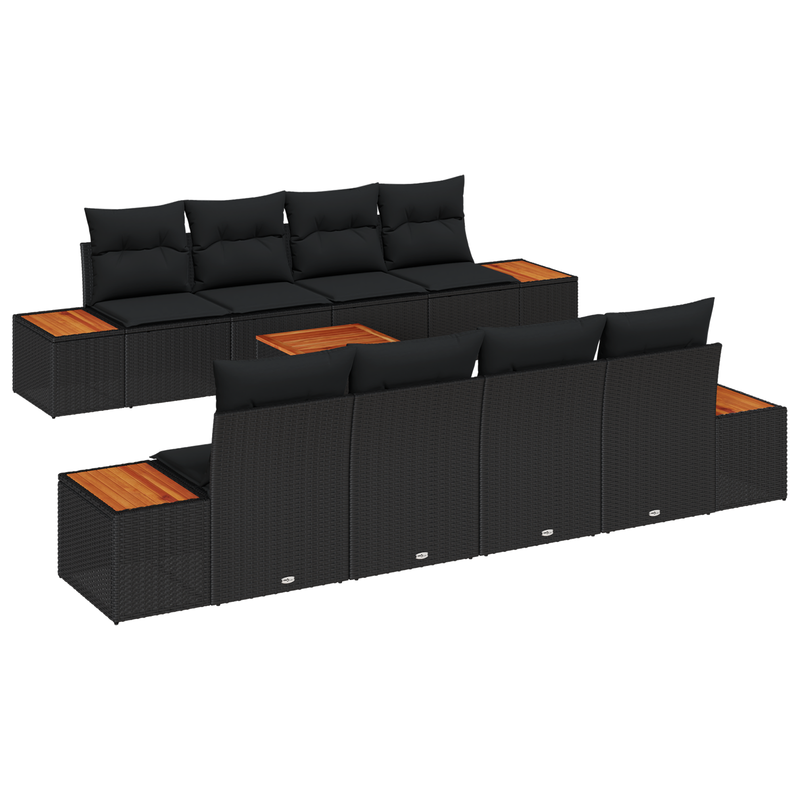 9 Piece Garden Sofa Set with Cushions Black Poly Rattan Acacia