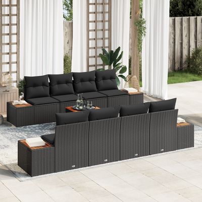 9 Piece Garden Sofa Set with Cushions Black Poly Rattan Acacia