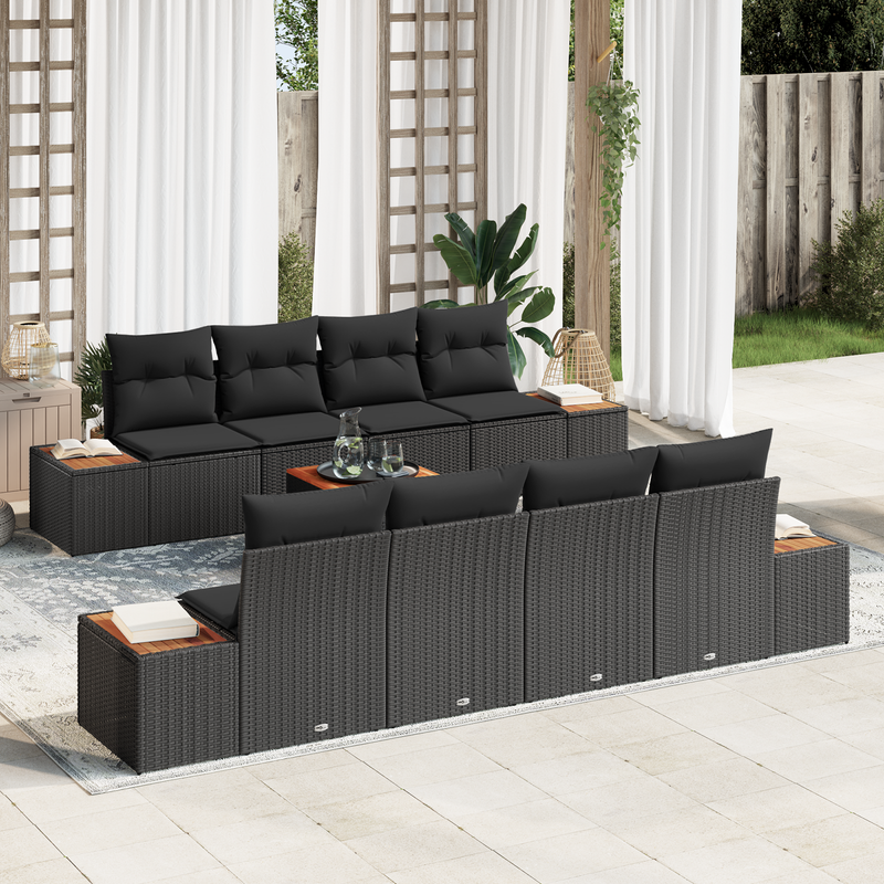 9 Piece Garden Sofa Set with Cushions Black Poly Rattan Acacia