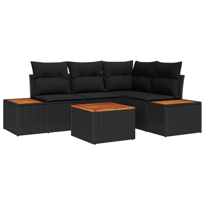 5 Piece Garden Sofa Set with Cushions Black Poly Rattan Acacia