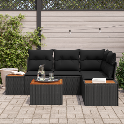 5 Piece Garden Sofa Set with Cushions Black Poly Rattan Acacia