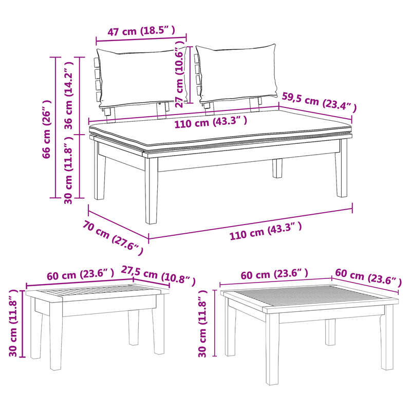 5 Piece Garden Bench Set with Cushions - Solid Teak Wood
