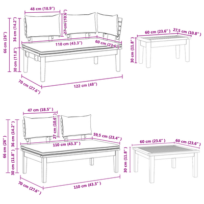 4-Piece Garden Bench Set with Cushions - Solid Teak Wood