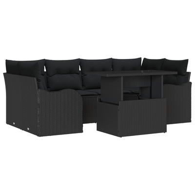 7 Piece Garden Sofa Set with Cushions Black Poly Rattan