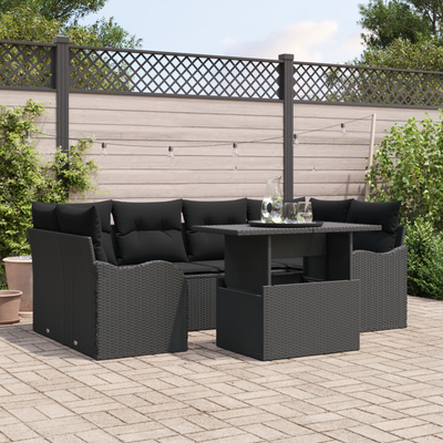 7 Piece Garden Sofa Set with Cushions Black Poly Rattan