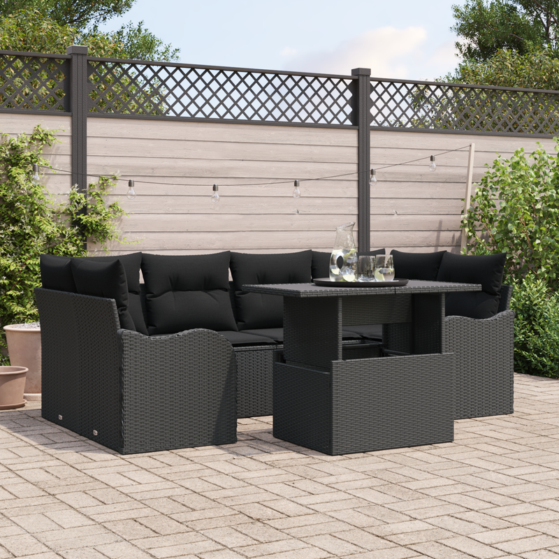 7 Piece Garden Sofa Set with Cushions Black Poly Rattan