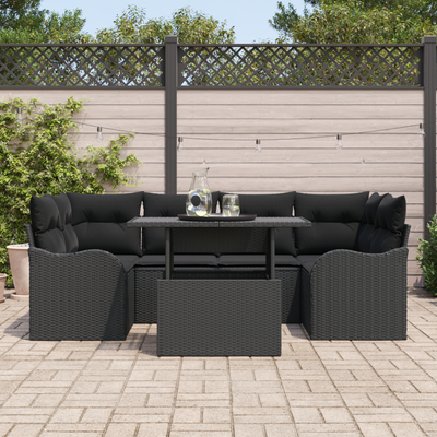 7 Piece Garden Sofa Set with Cushions Black Poly Rattan