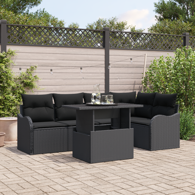 6 Piece Garden Sofa Set with Cushions Black Poly Rattan