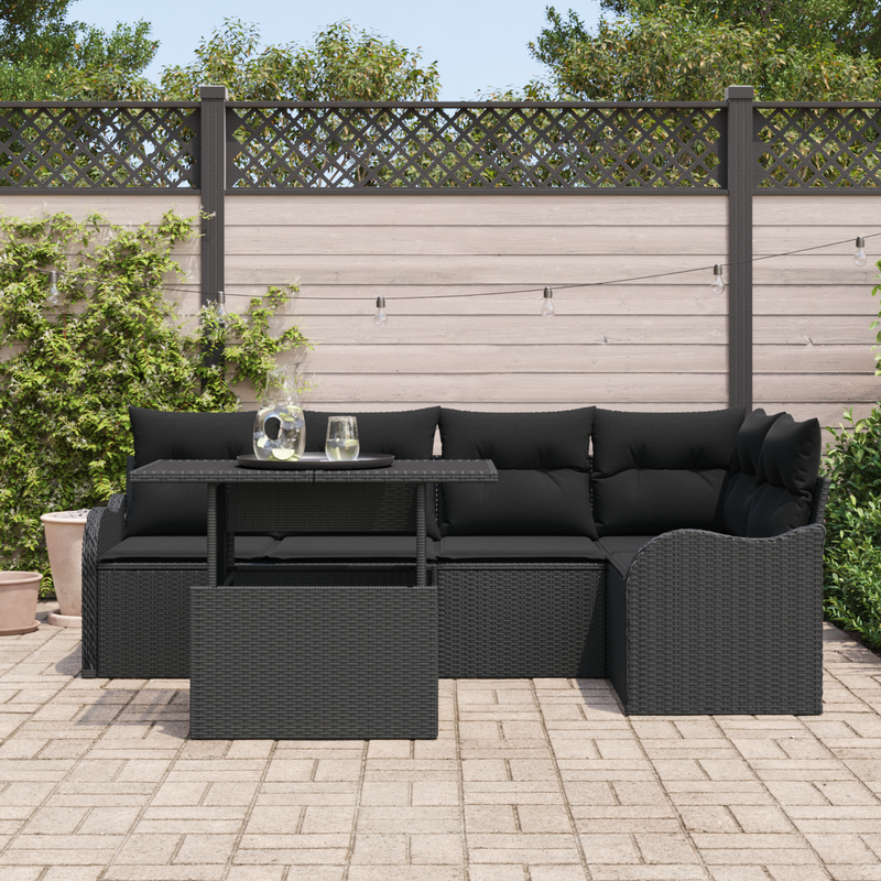 6 Piece Garden Sofa Set with Cushions Black Poly Rattan