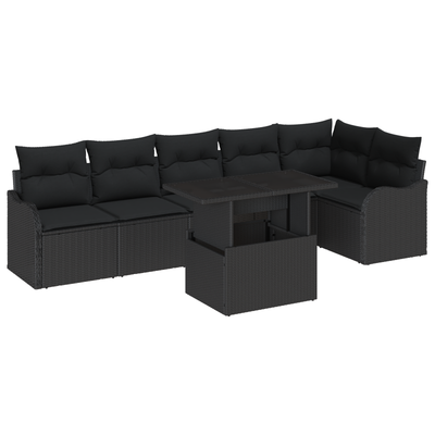 7 Piece Garden Sofa Set with Cushions Black Poly Rattan