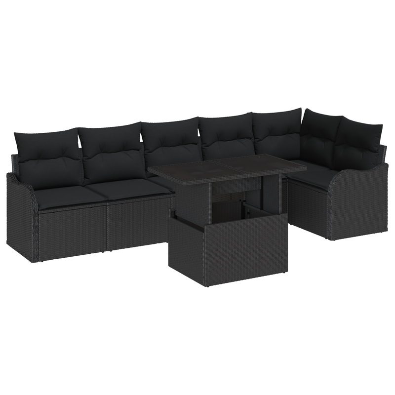 7 Piece Garden Sofa Set with Cushions Black Poly Rattan