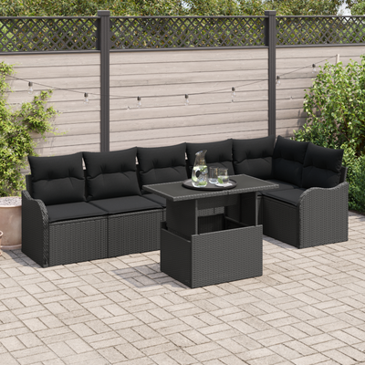 7 Piece Garden Sofa Set with Cushions Black Poly Rattan