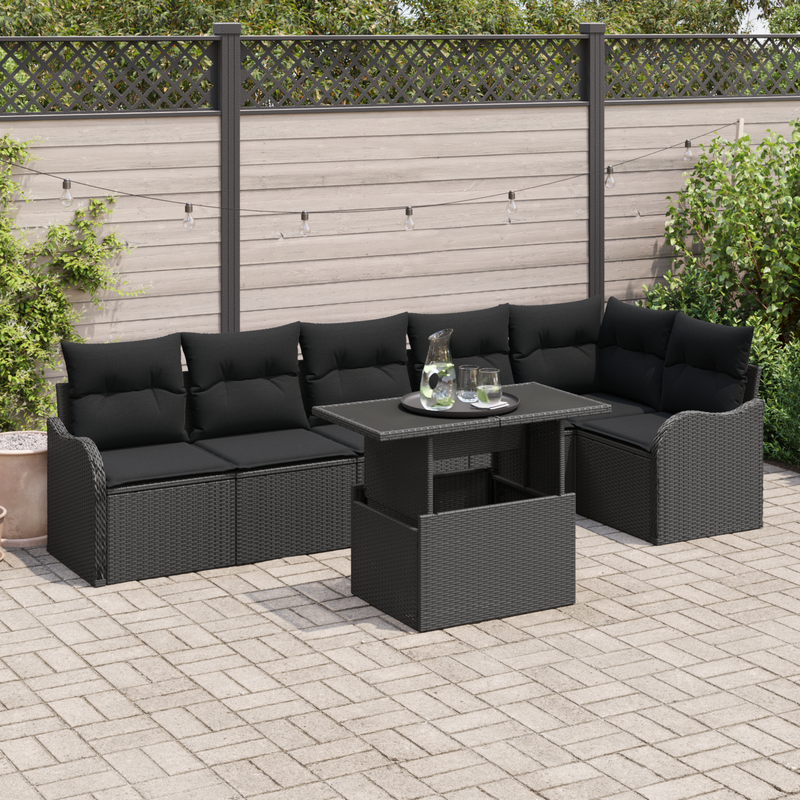 7 Piece Garden Sofa Set with Cushions Black Poly Rattan