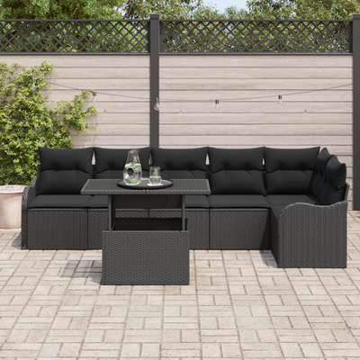 7 Piece Garden Sofa Set with Cushions Black Poly Rattan