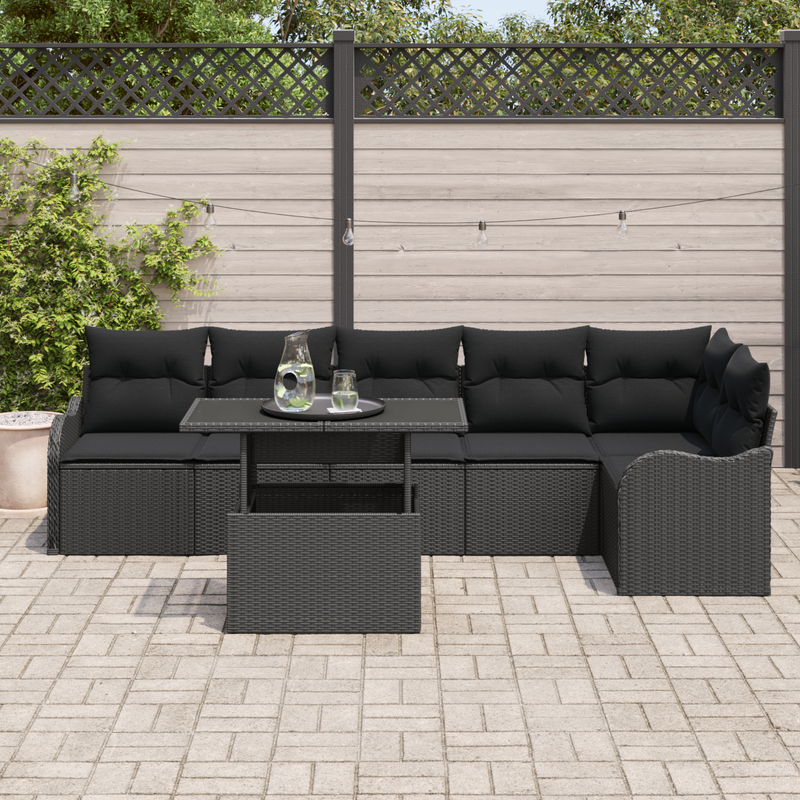 7 Piece Garden Sofa Set with Cushions Black Poly Rattan