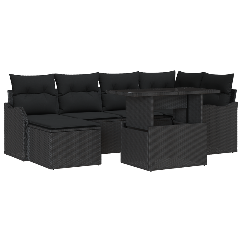 7 Piece Garden Sofa Set with Cushions Black Poly Rattan