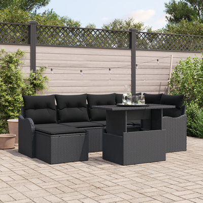 7 Piece Garden Sofa Set with Cushions Black Poly Rattan