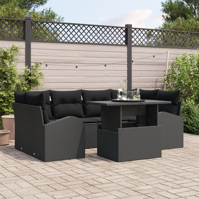 7 Piece Garden Sofa Set with Cushions Black Poly Rattan