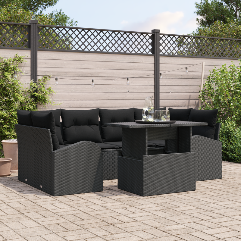 7 Piece Garden Sofa Set with Cushions Black Poly Rattan