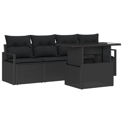 5 Piece Garden Sofa Set with Cushions Black Poly Rattan