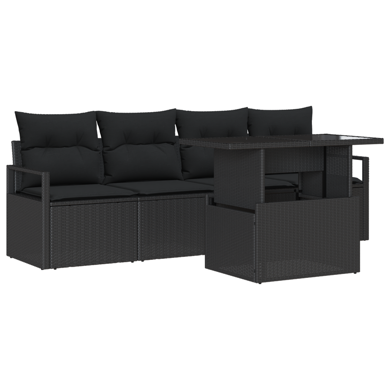 5 Piece Garden Sofa Set with Cushions Black Poly Rattan