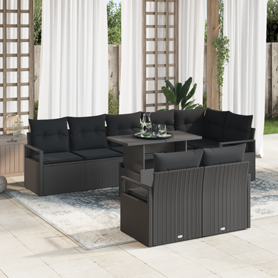9 Piece Garden Sofa Set with Cushions Black Poly Rattan