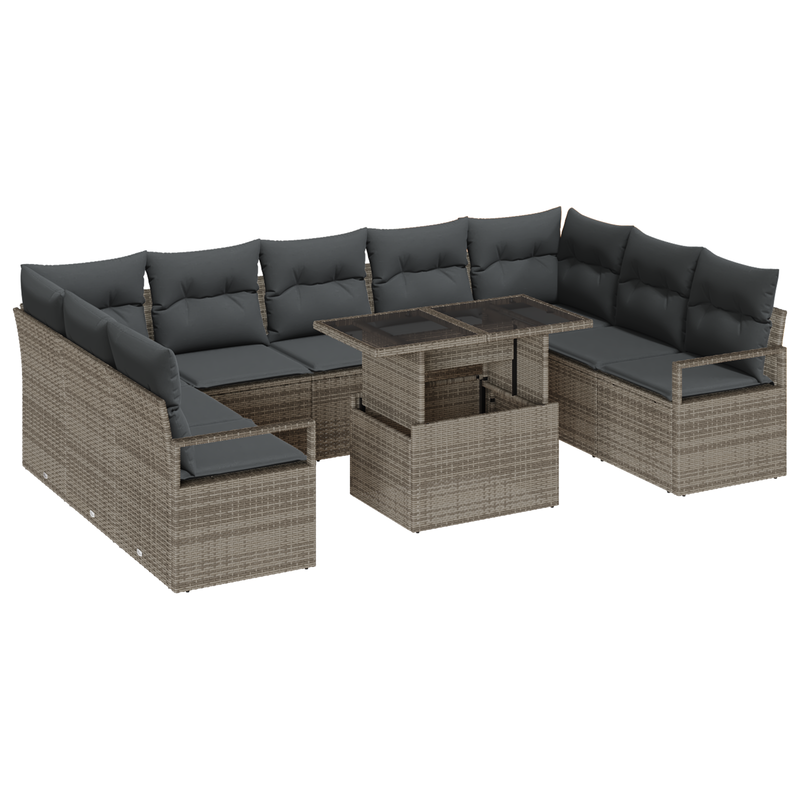 10 Piece Garden Sofa Set with Cushions Grey Poly Rattan