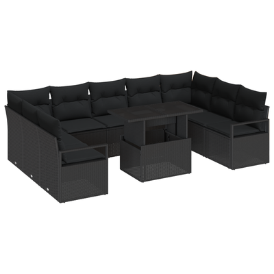 10 Piece Garden Sofa Set with Cushions Black Poly Rattan