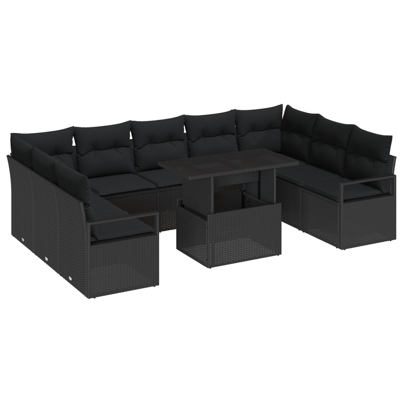 10 Piece Garden Sofa Set with Cushions Black Poly Rattan