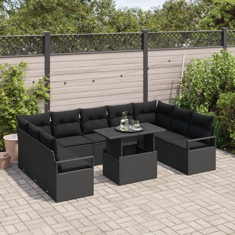 10 Piece Garden Sofa Set with Cushions Black Poly Rattan