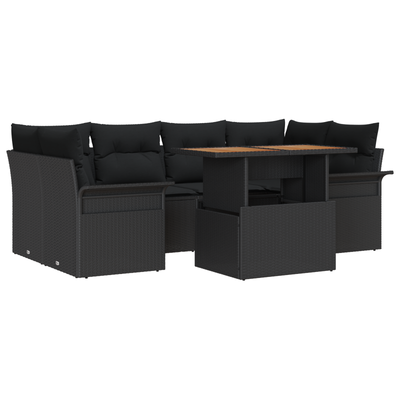 7 Piece Garden Sofa Set with Cushions Black Poly Rattan