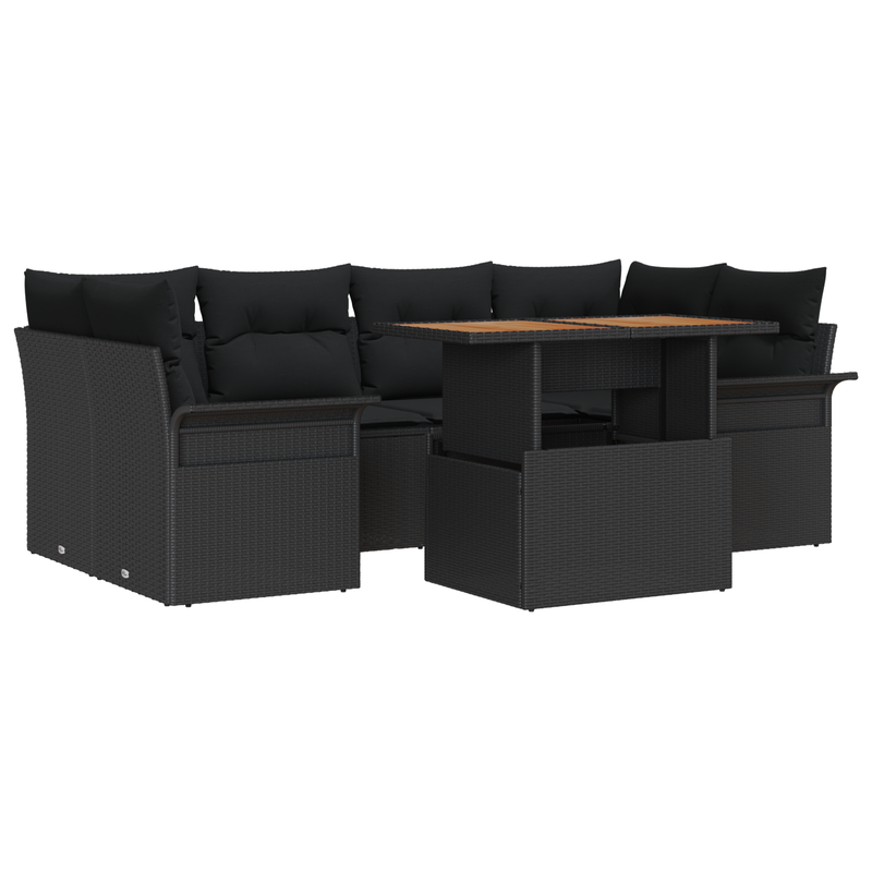 7 Piece Garden Sofa Set with Cushions Black Poly Rattan