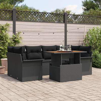 7 Piece Garden Sofa Set with Cushions Black Poly Rattan