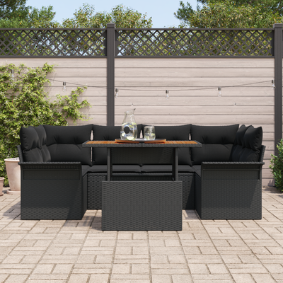 7 Piece Garden Sofa Set with Cushions Black Poly Rattan