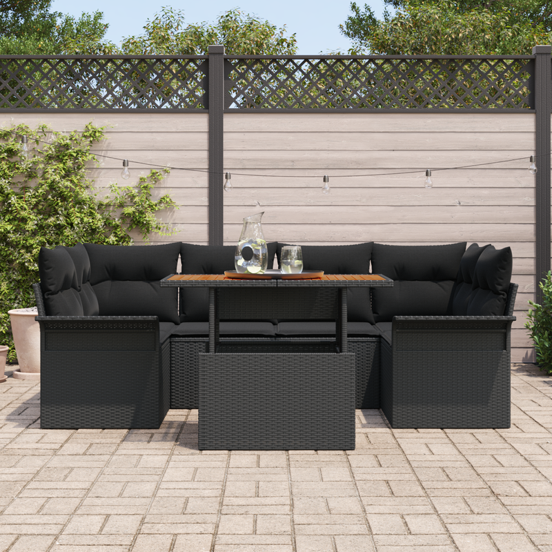 7 Piece Garden Sofa Set with Cushions Black Poly Rattan