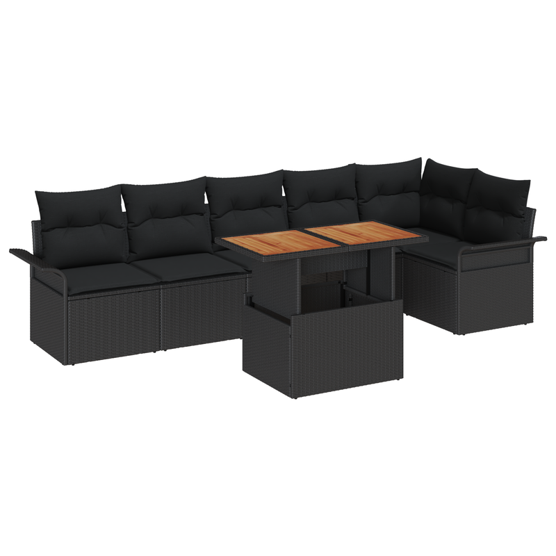 7 Piece Garden Sofa Set with Cushions Black Poly Rattan