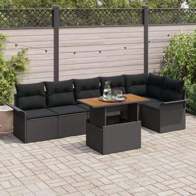 7 Piece Garden Sofa Set with Cushions Black Poly Rattan