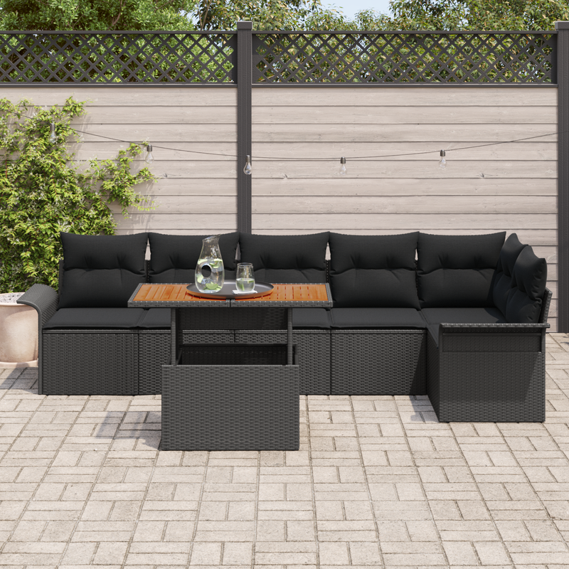 7 Piece Garden Sofa Set with Cushions Black Poly Rattan