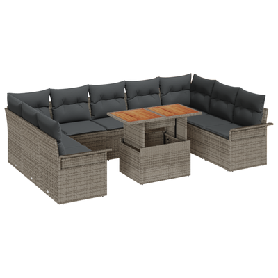 10 Piece Garden Sofa Set with Cushions Grey Poly Rattan