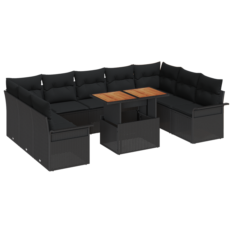 10 Piece Garden Sofa Set with Cushions Black Poly Rattan