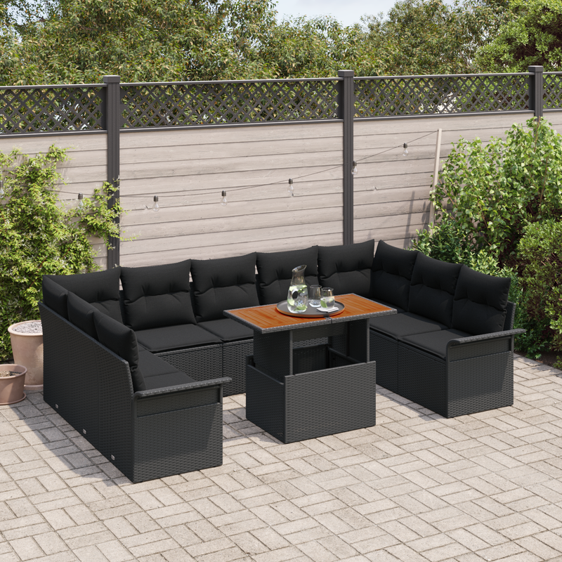 10 Piece Garden Sofa Set with Cushions Black Poly Rattan