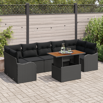 8 Piece Garden Sofa Set with Cushions Black Poly Rattan
