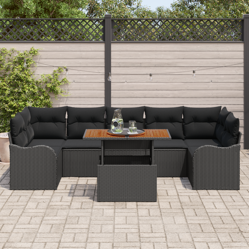 8 Piece Garden Sofa Set with Cushions Black Poly Rattan