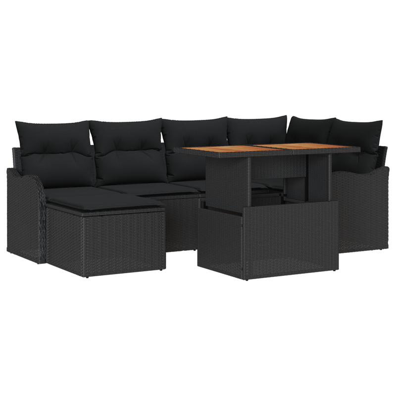 7 Piece Garden Sofa Set with Cushions Black Poly Rattan