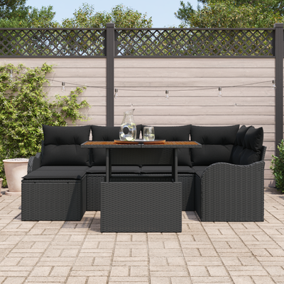 7 Piece Garden Sofa Set with Cushions Black Poly Rattan
