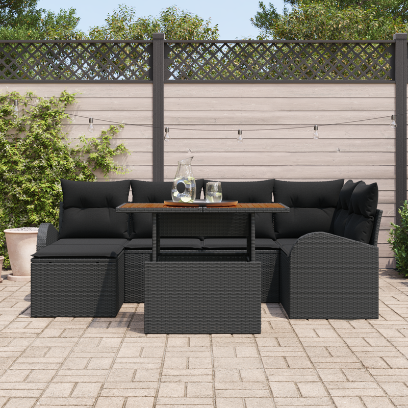 7 Piece Garden Sofa Set with Cushions Black Poly Rattan