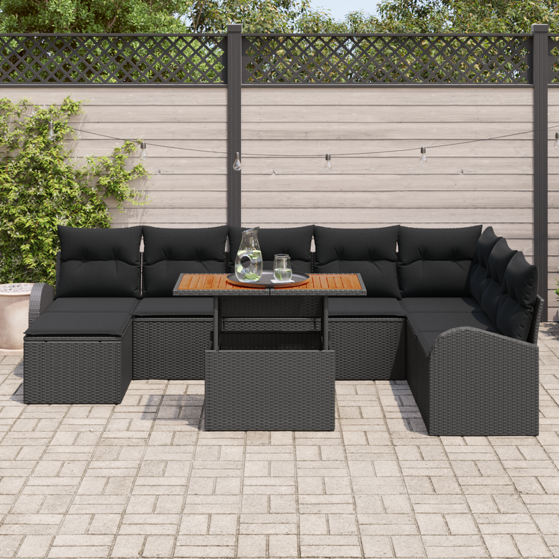 9 Piece Garden Sofa Set with Cushions Black Poly Rattan