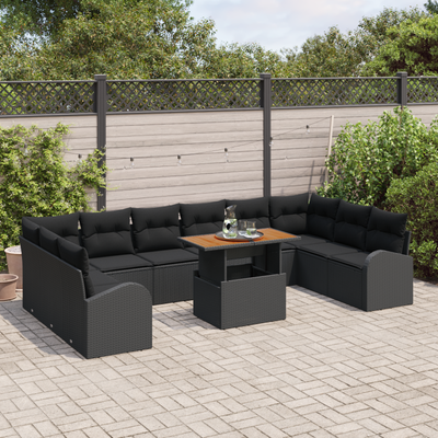 11 Piece Garden Sofa Set with Cushions Black Poly Rattan