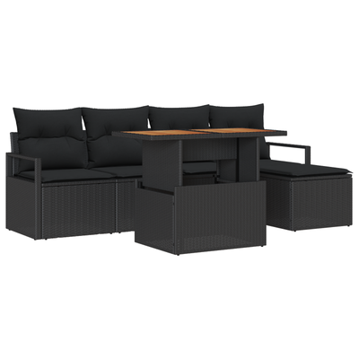 6 Piece Garden Sofa Set with Cushions Black Poly Rattan
